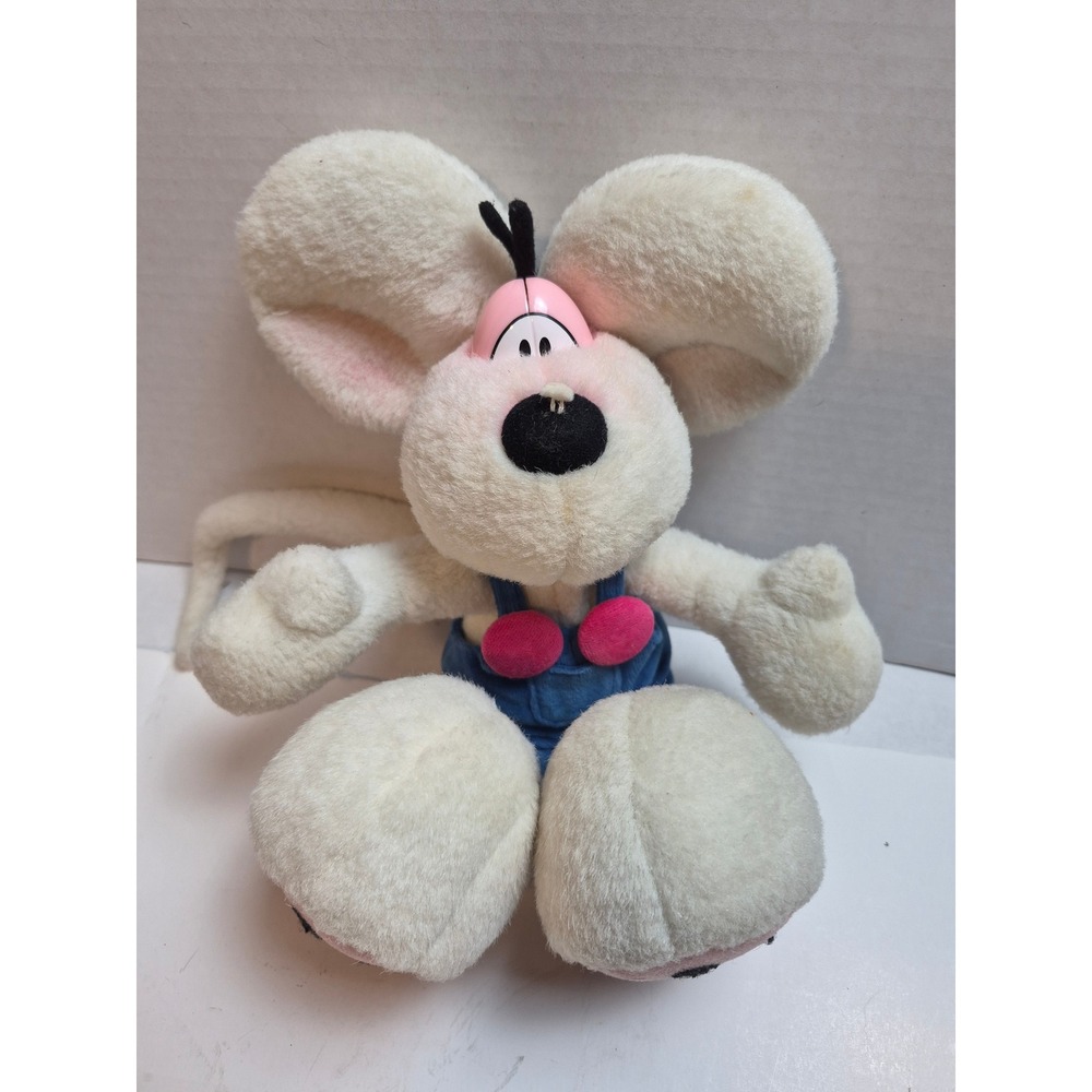 Vintage Diddl Mouse Plush Depesche White Jumping Mouse Blue Overalls 12 Inch